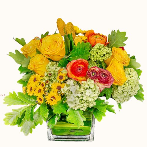 Yellow and orange 'Gold Rush' flowers in a small vase
