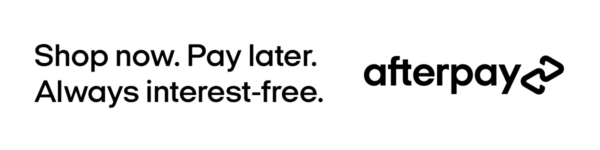 Afterpay logo with 'Shop Now. Pay later. Always interest-free.' text